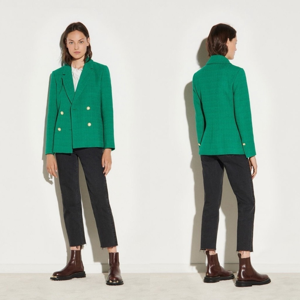 SANDRO Jacy Tweed Double Breasted Blazer Emerald Green Sz 42 EU / US 10 - Picture 11 of 11